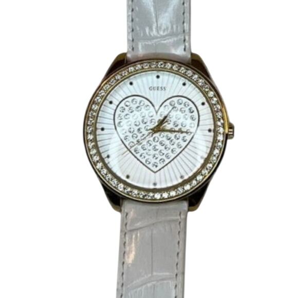 Guess Accessories - GUESS White Leather Heart Dial Crystal Watch Quartz